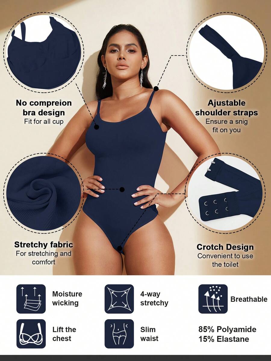 Brown seamless shapewear bodysuit featuring backless design, thong bottom, non-removable padding, and high-stretch fabric for tummy and waist control.