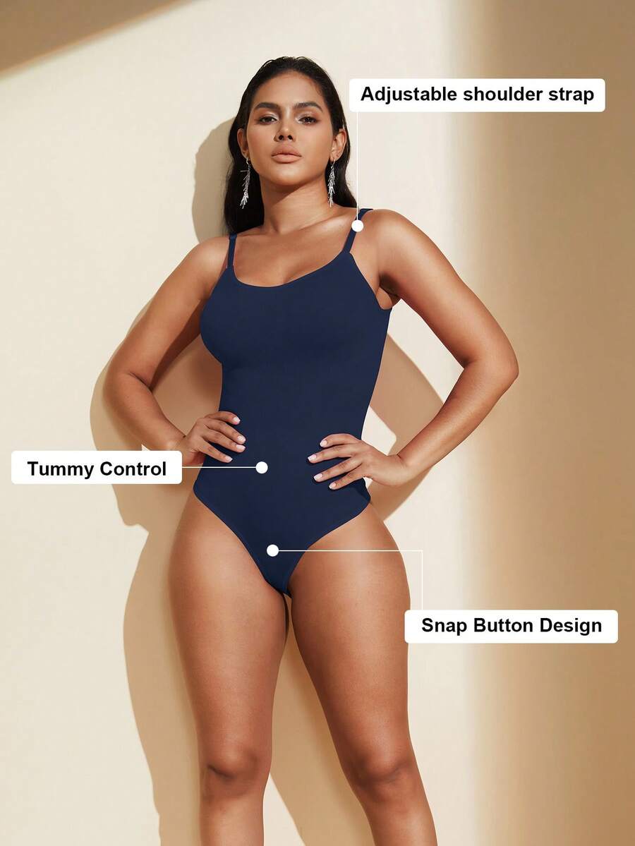 Brown seamless shapewear bodysuit featuring backless design, thong bottom, non-removable padding, and high-stretch fabric for tummy and waist control.