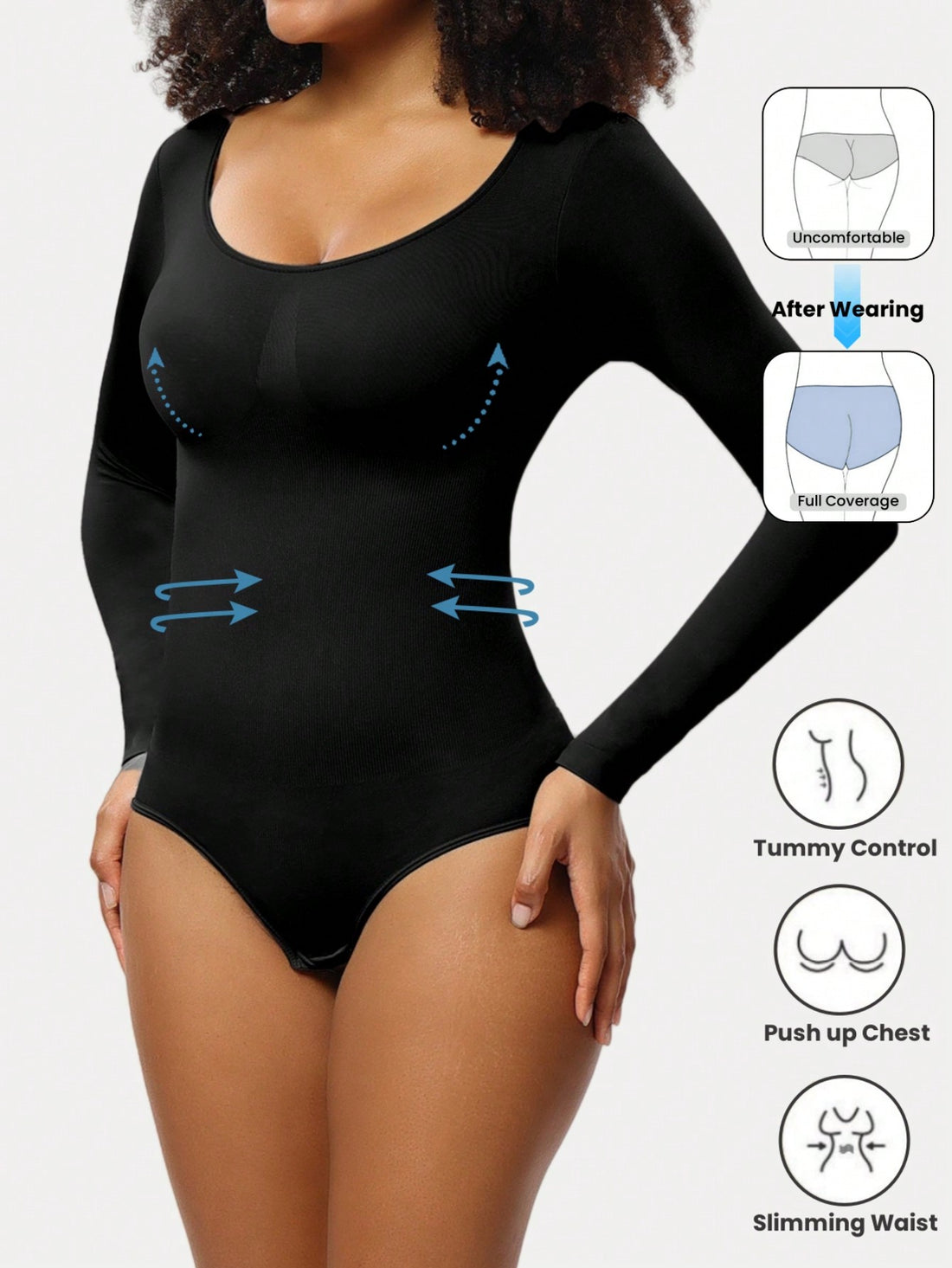 Black seamless long sleeve crew neck shapewear bodysuit for women featuring full coverage tummy control.