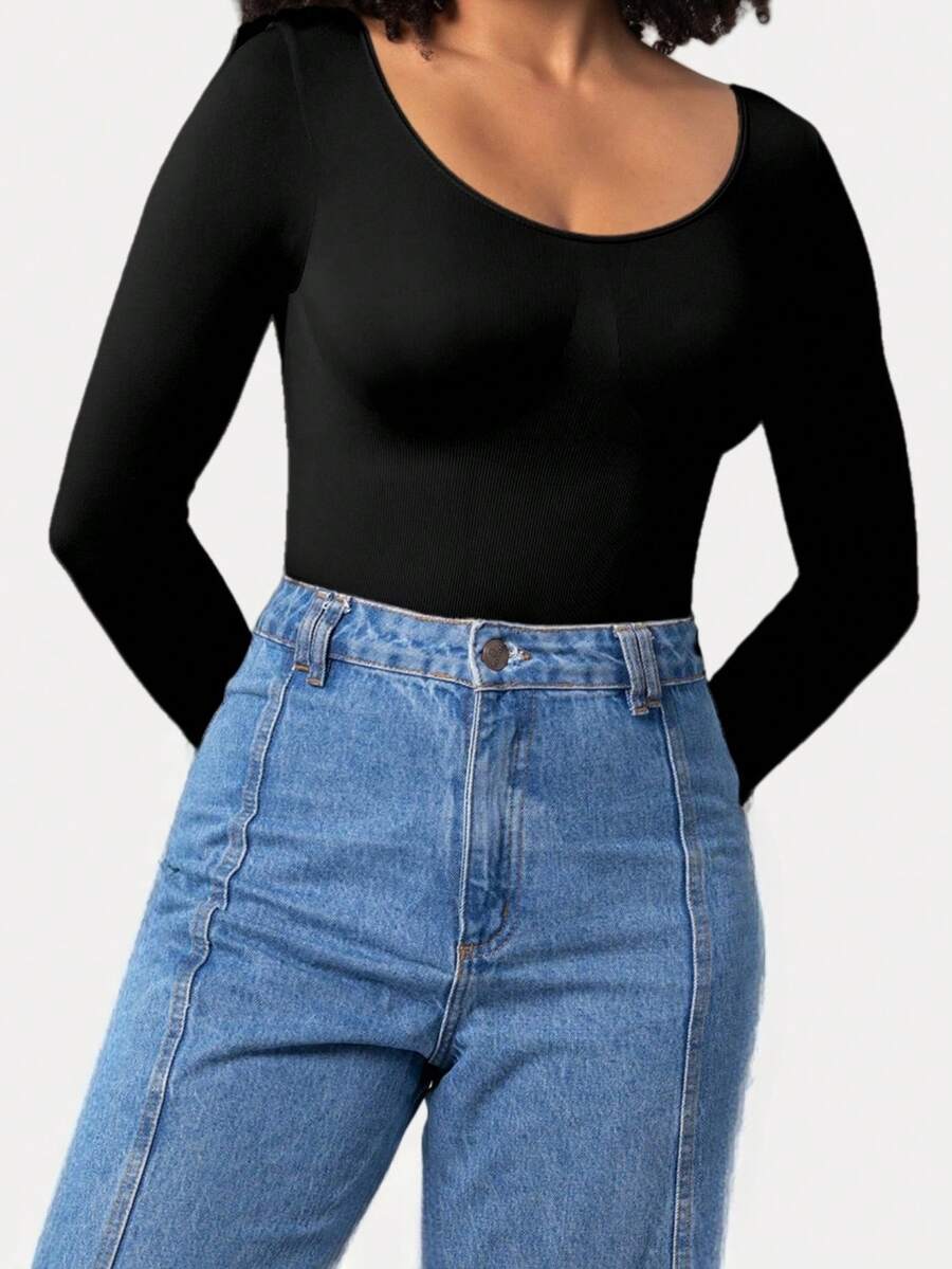 Black seamless long sleeve crew neck shapewear bodysuit for women featuring full coverage tummy control.