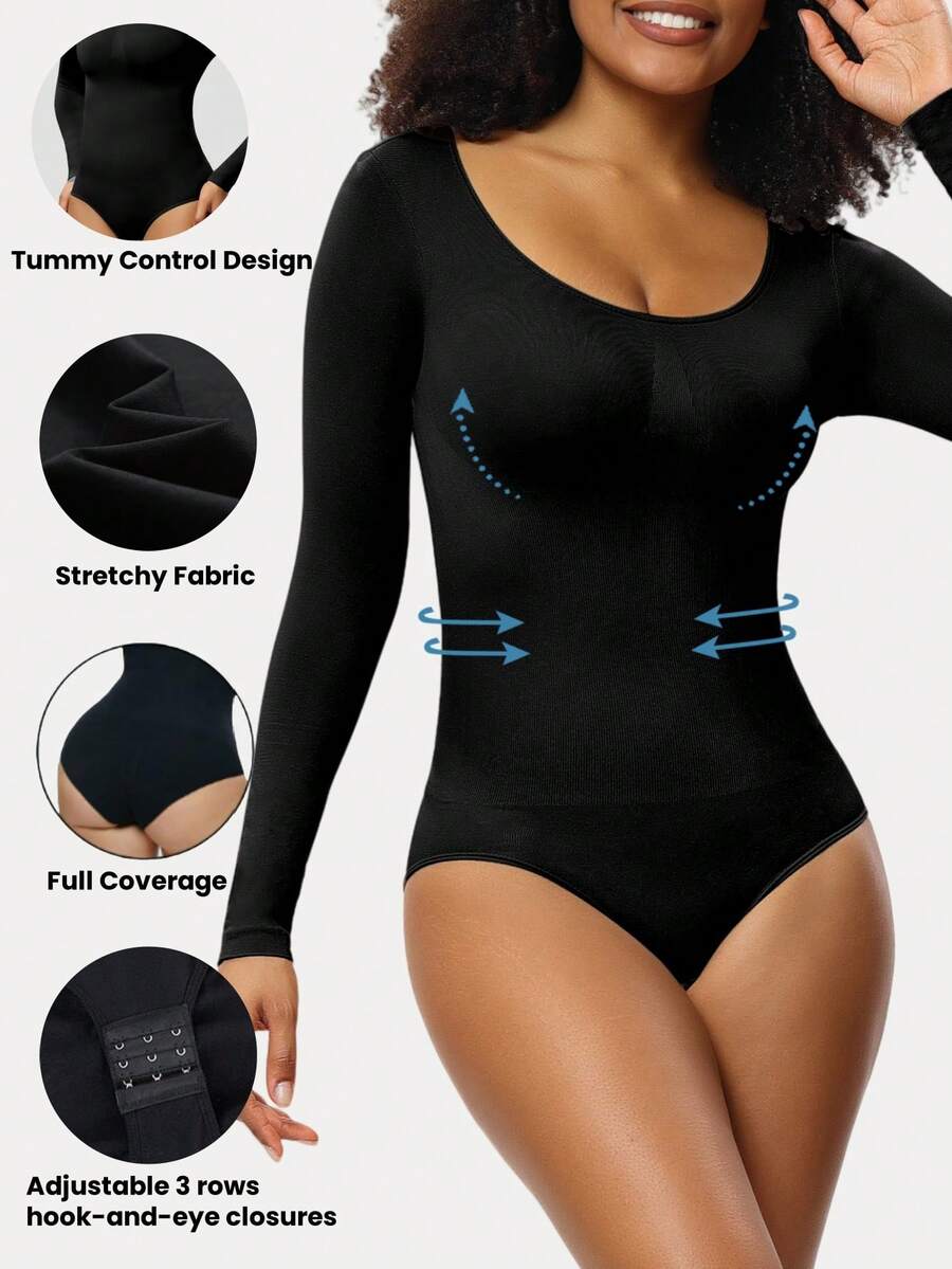 Black seamless long sleeve crew neck shapewear bodysuit for women featuring full coverage tummy control.
