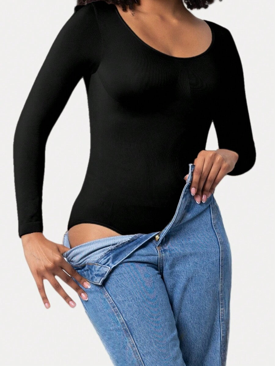 Black seamless long sleeve crew neck shapewear bodysuit for women featuring full coverage tummy control.