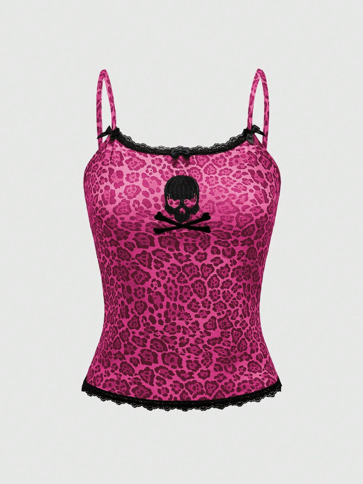Women's pink leopard print cami tank top with contrast lace trim, small front bow, and spaghetti straps.