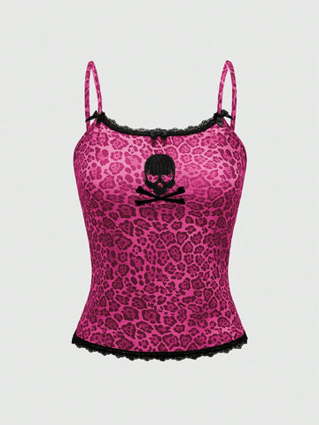 Women's pink leopard print cami tank top with contrast lace trim, small front bow, and spaghetti straps.