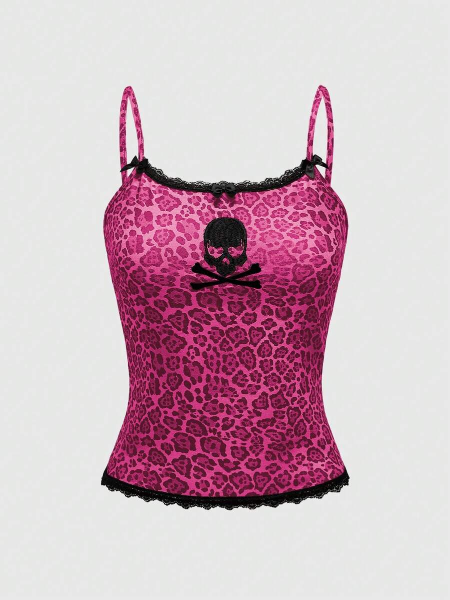 Women's pink leopard print cami tank top with contrast lace trim, small front bow, and spaghetti straps.