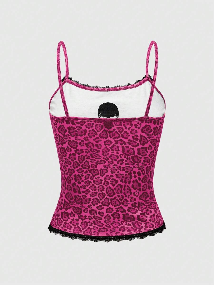 Women's pink leopard print cami tank top with contrast lace trim, small front bow, and spaghetti straps.