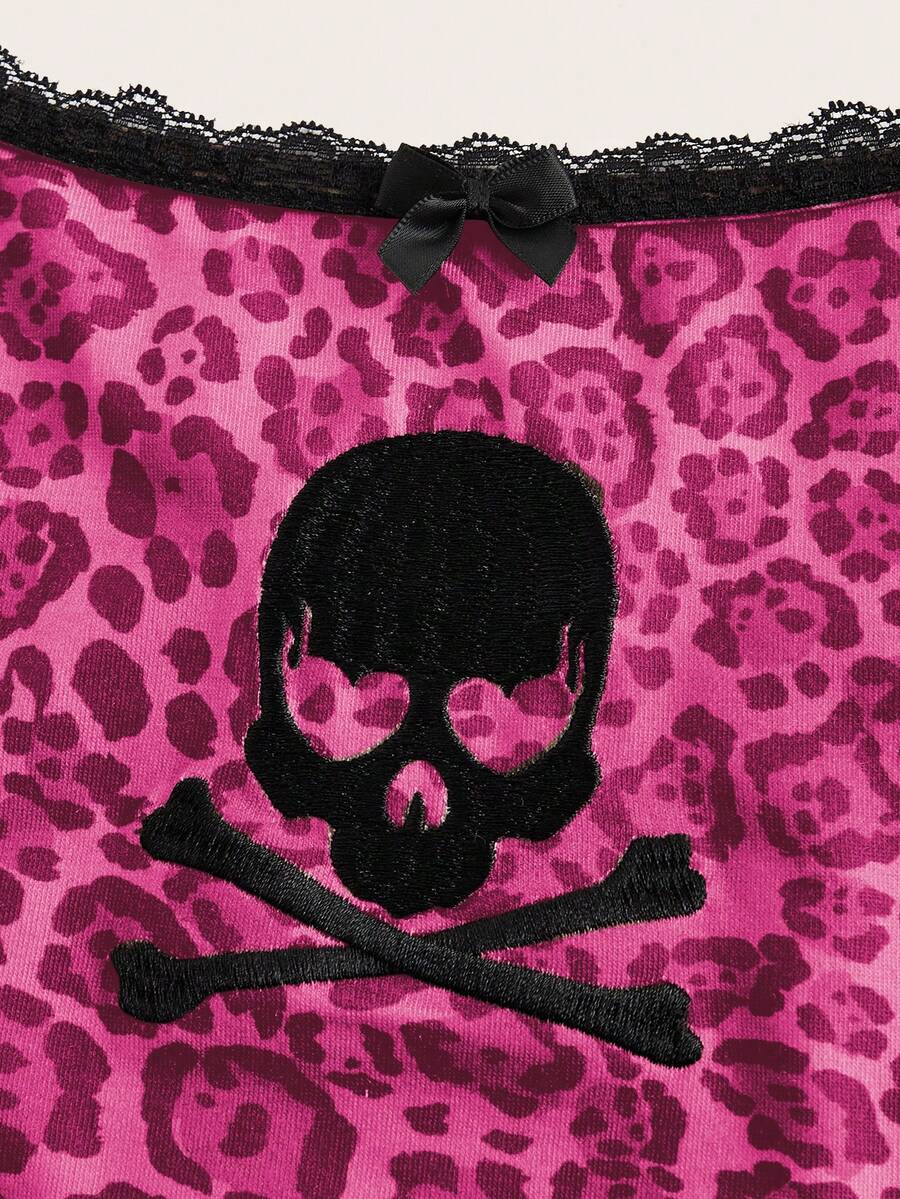 Women's pink leopard print cami tank top with contrast lace trim, small front bow, and spaghetti straps.
