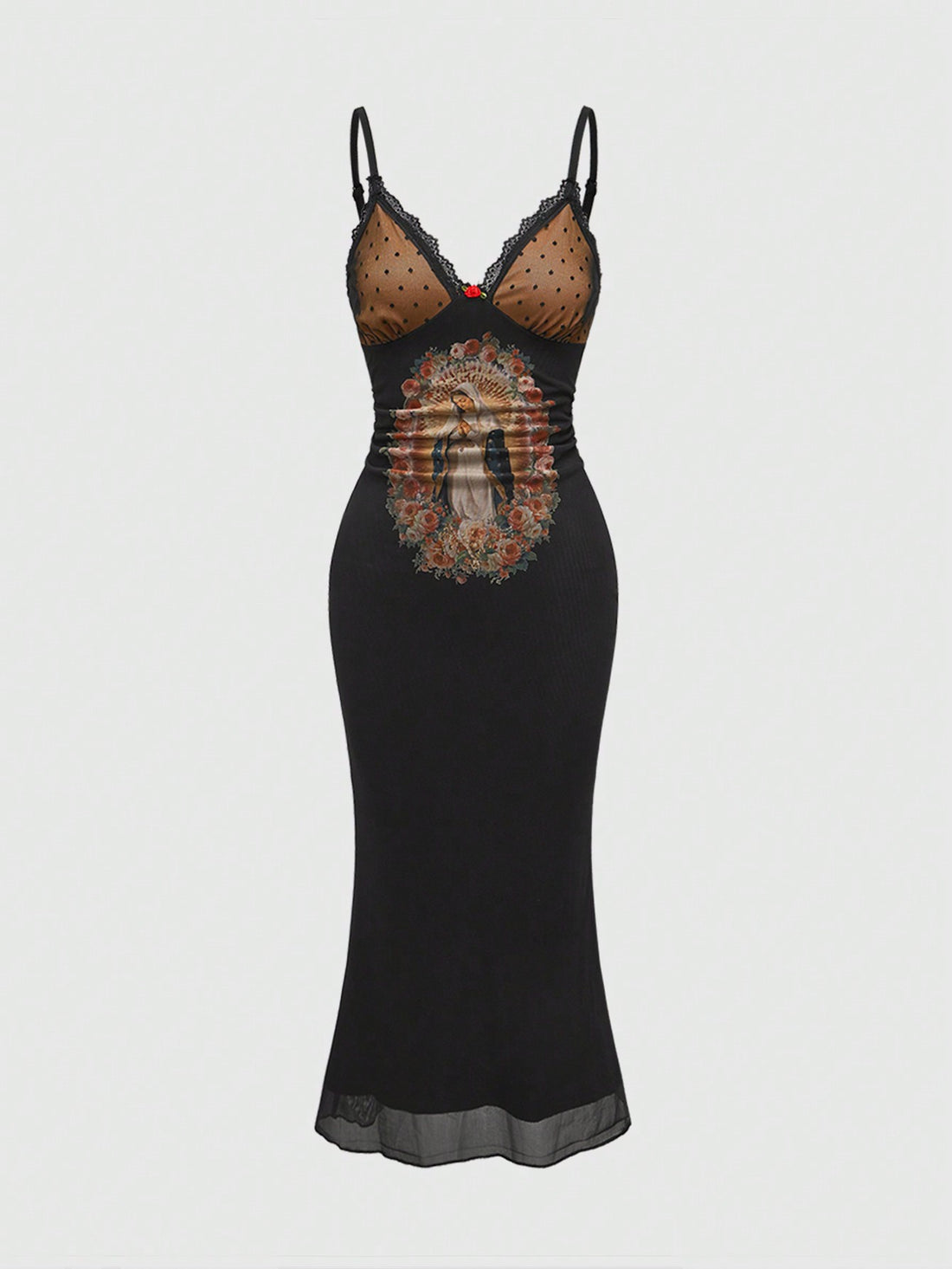 Black vintage Virgin Mary print long mesh cami dress for women featuring spaghetti straps, contrast lace trim, backless design, and a slim fit pencil silhouette.