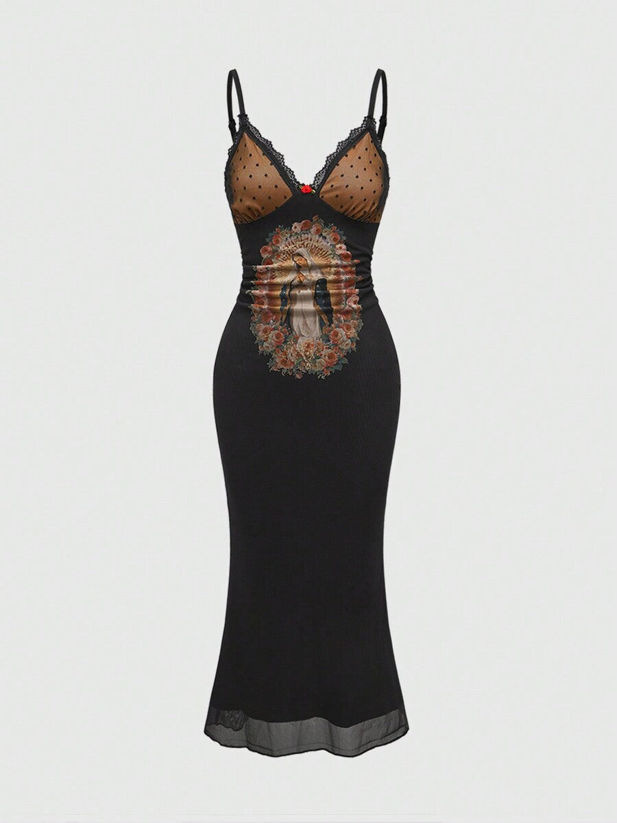 Black vintage Virgin Mary print long mesh cami dress for women featuring spaghetti straps, contrast lace trim, backless design, and a slim fit pencil silhouette.