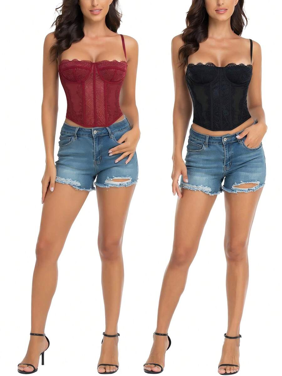 Black lace bustier corset top for women with asymmetrical contrast lace, lace-up detail, sleeveless crop cut, and light support.
