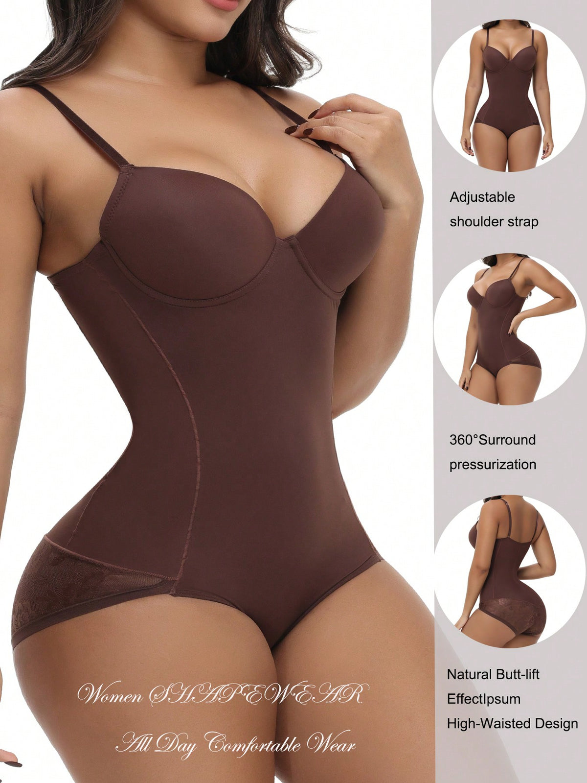 Apricot backless shapewear teddy bodysuit featuring contrast lace trim, non-removable padding, and underwire support.