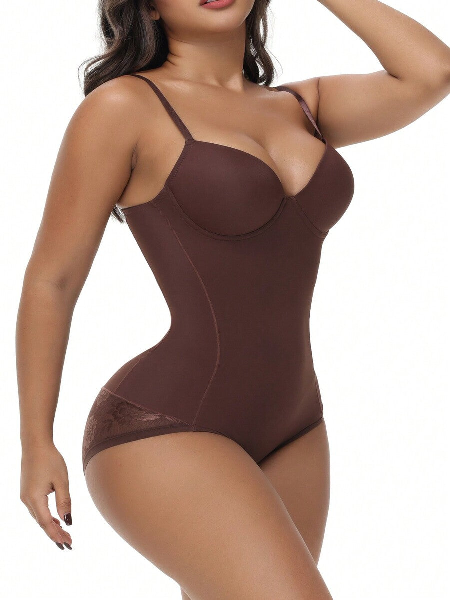 Apricot backless shapewear teddy bodysuit featuring contrast lace trim, non-removable padding, and underwire support.