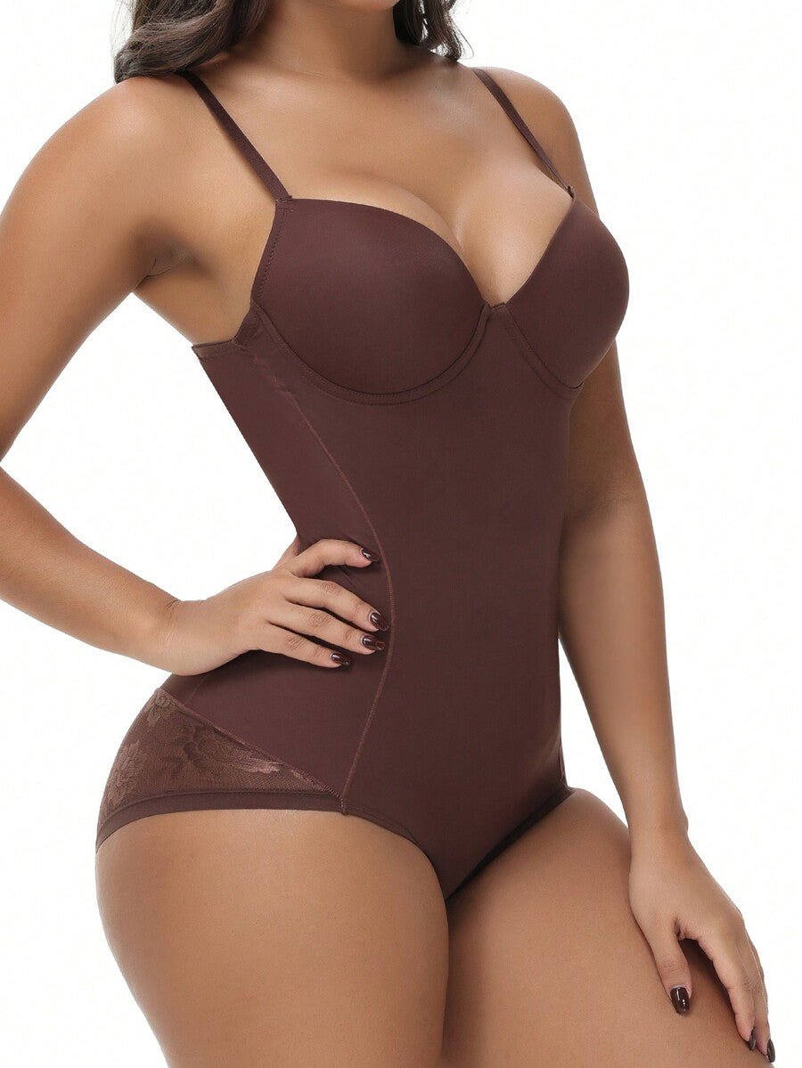 Apricot backless shapewear teddy bodysuit featuring contrast lace trim, non-removable padding, and underwire support.