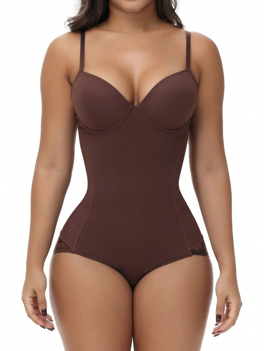 Apricot backless shapewear teddy bodysuit featuring contrast lace trim, non-removable padding, and underwire support.