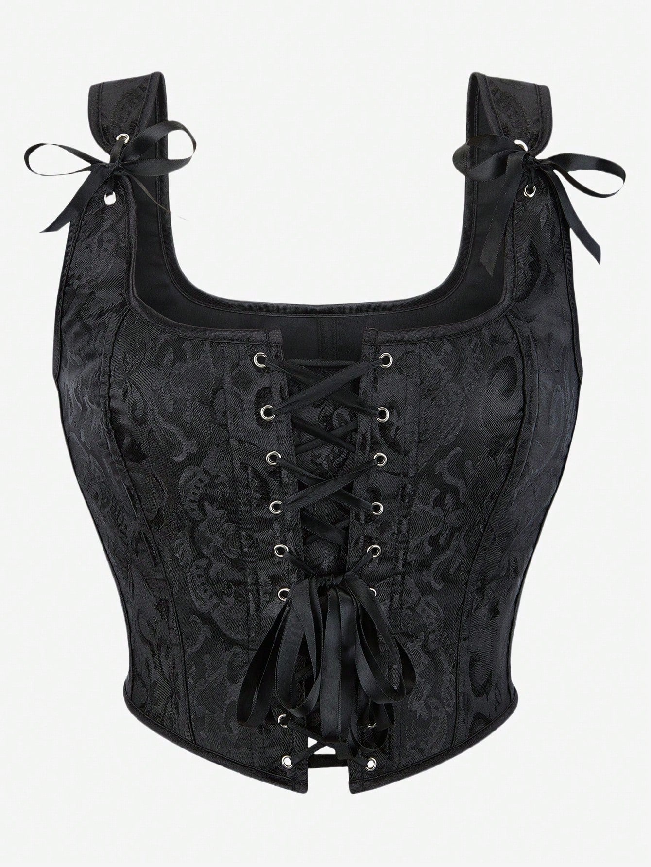 Women’s goth corset top in black with a lace-up back, sleeveless design, and structured bustier silhouette styled as outerwear.
