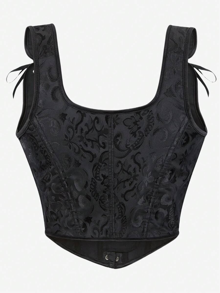 Women’s goth corset top in black with a lace-up back, sleeveless design, and structured bustier silhouette styled as outerwear.