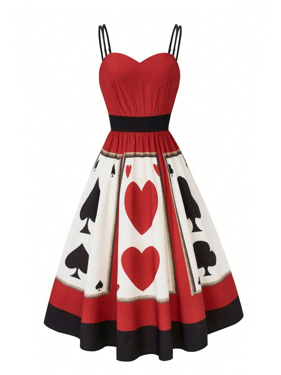 Women's red and black heart print pleated cami midi dress featuring spaghetti straps, high waist, and flared A-line hem.