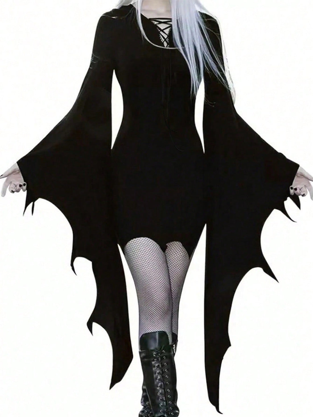 Women's black gothic dress featuring long flare sleeves, round neck, slim fit knitted fabric, and an asymmetrical knee-length hem.