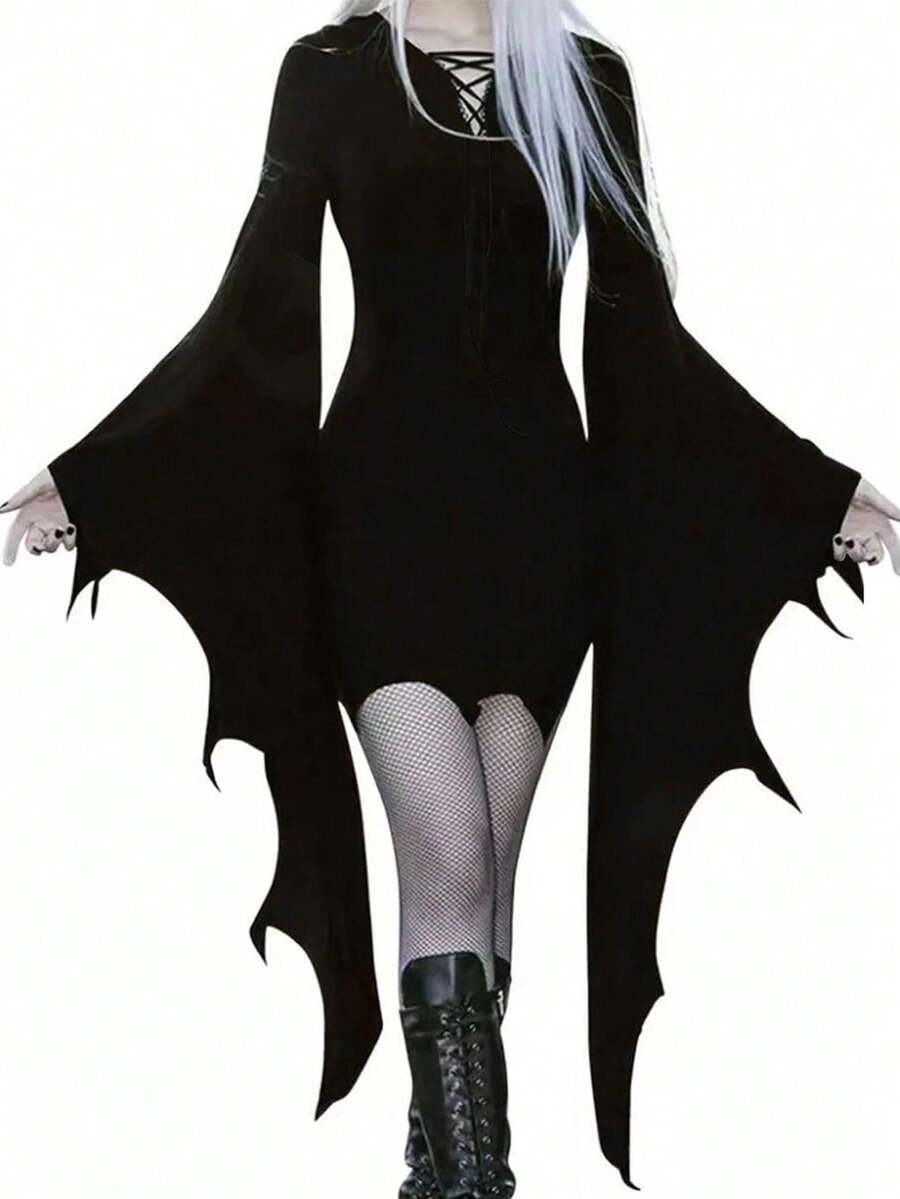 Women's black gothic dress featuring long flare sleeves, round neck, slim fit knitted fabric, and an asymmetrical knee-length hem.