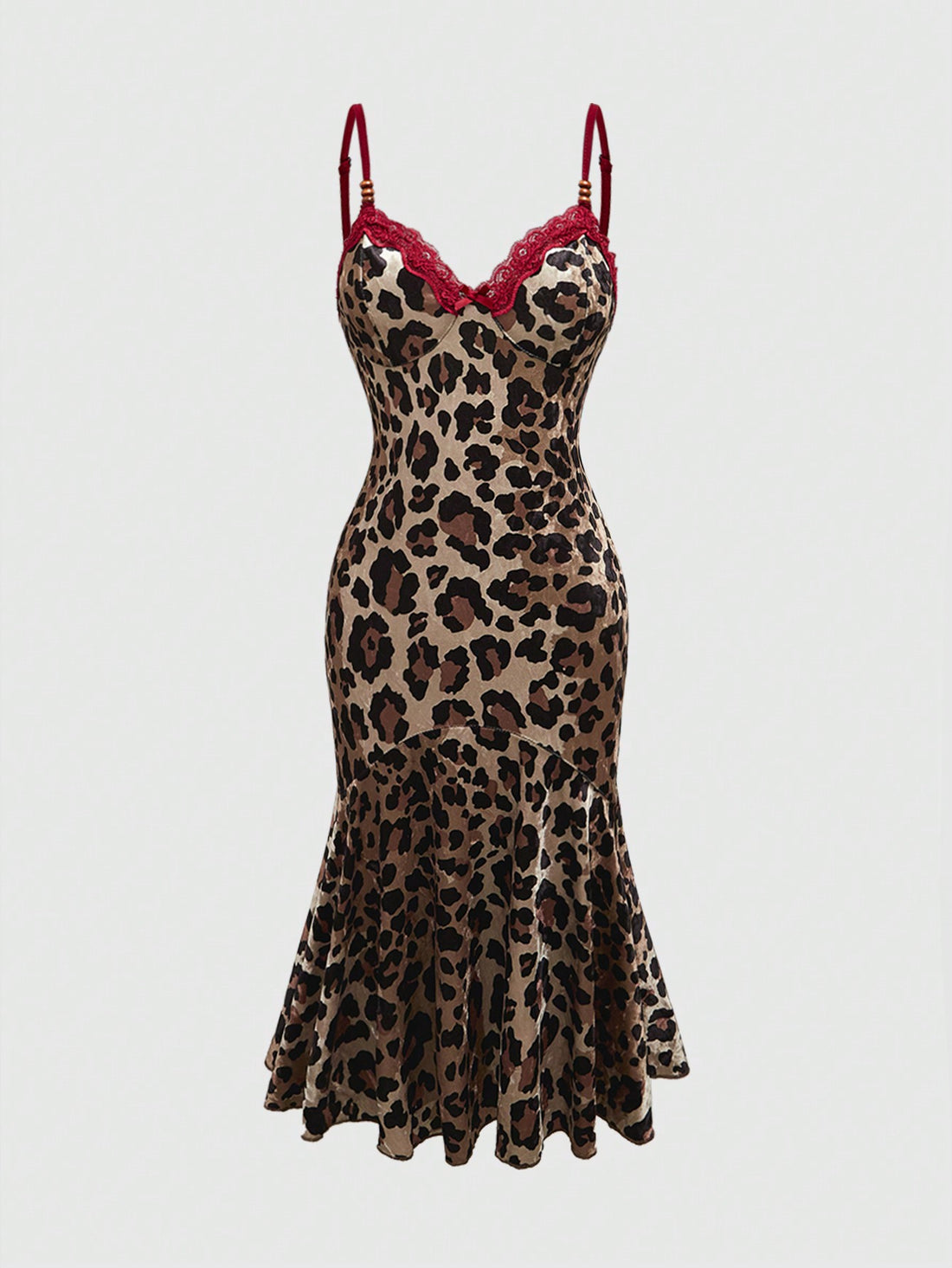 Multicolor leopard print halter bodycon short dress for women featuring contrast lace accents, backless cut, high waist, and ruffle mermaid hem.