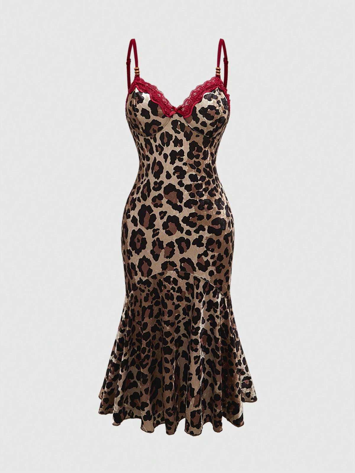 Multicolor leopard print halter bodycon short dress for women featuring contrast lace accents, backless cut, high waist, and ruffle mermaid hem.