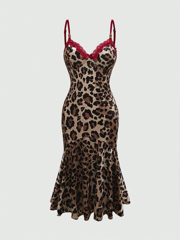 Multicolor leopard print halter bodycon short dress for women featuring contrast lace accents, backless cut, high waist, and ruffle mermaid hem.