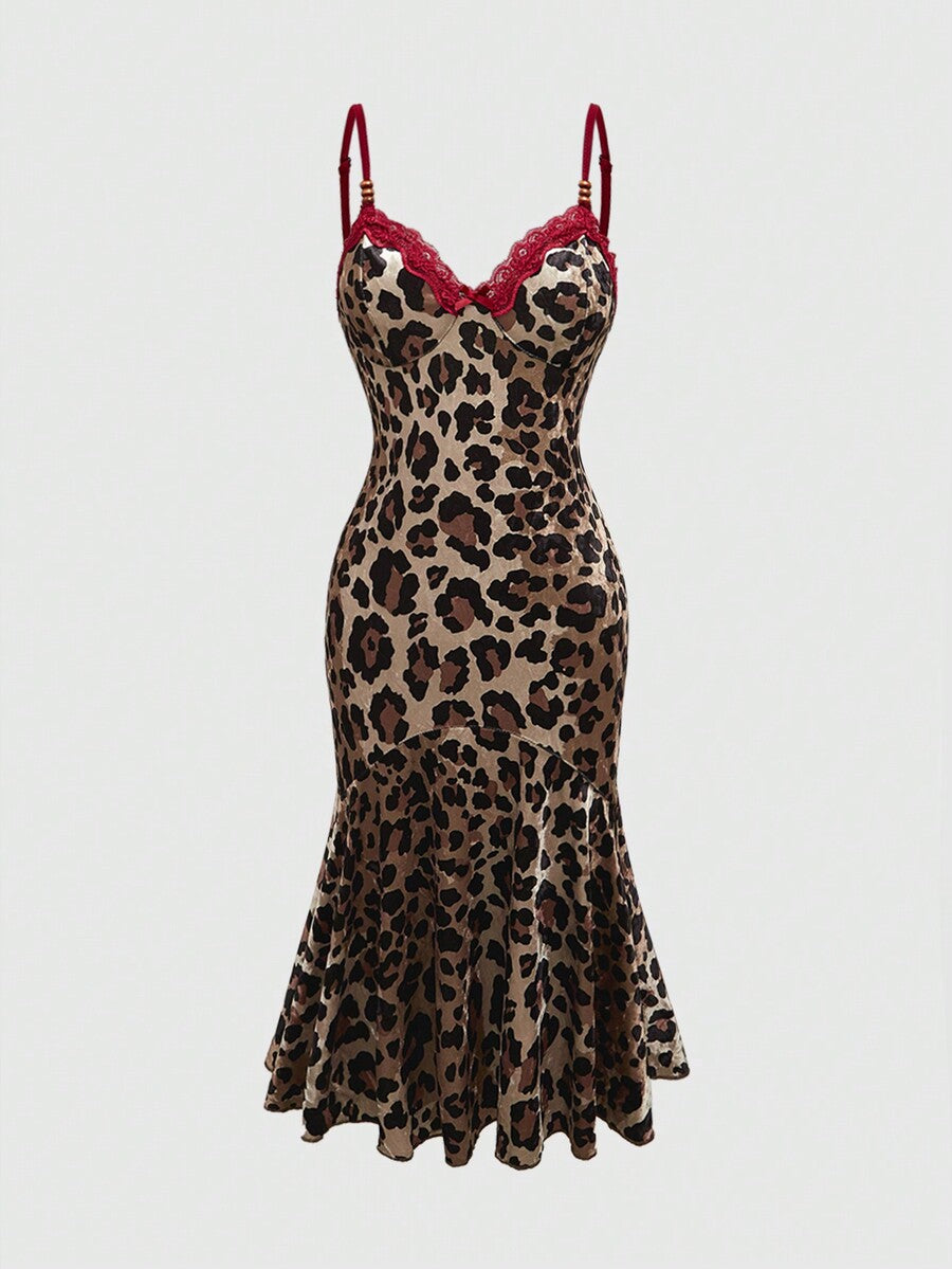 Multicolor leopard print halter bodycon short dress for women featuring contrast lace accents, backless cut, high waist, and ruffle mermaid hem.