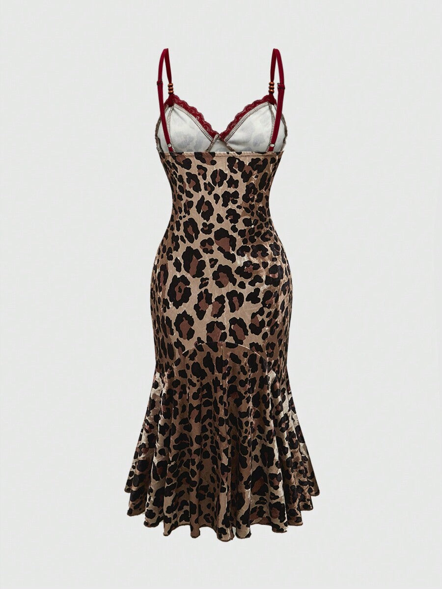 Multicolor leopard print halter bodycon short dress for women featuring contrast lace accents, backless cut, high waist, and ruffle mermaid hem.