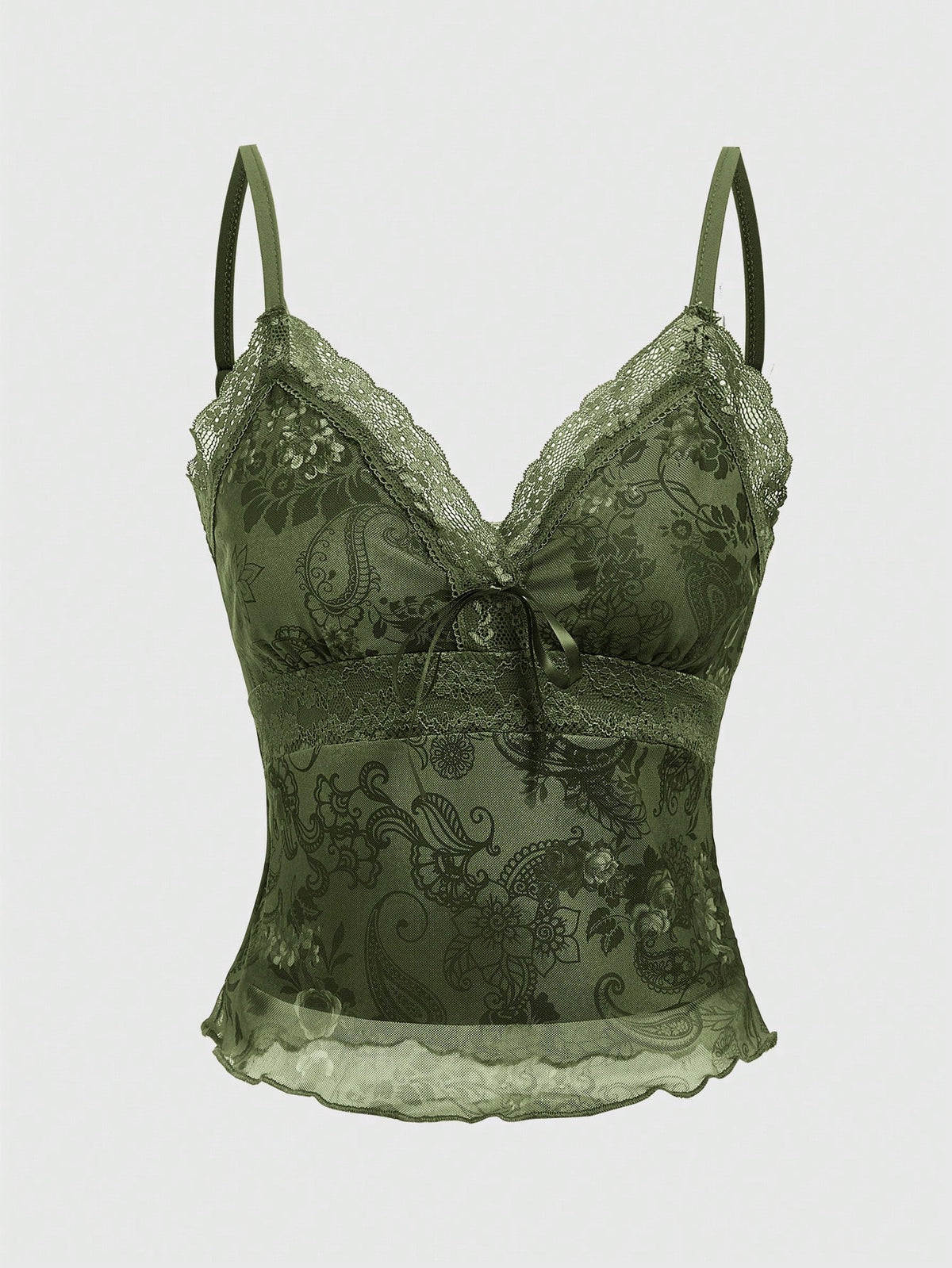 A women's sleeveless crop camisole featuring a vintage paisley print design with delicate lace trim along the neckline and thin spaghetti straps.