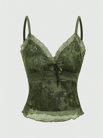 A women's sleeveless crop camisole featuring a vintage paisley print design with delicate lace trim along the neckline and thin spaghetti straps.
