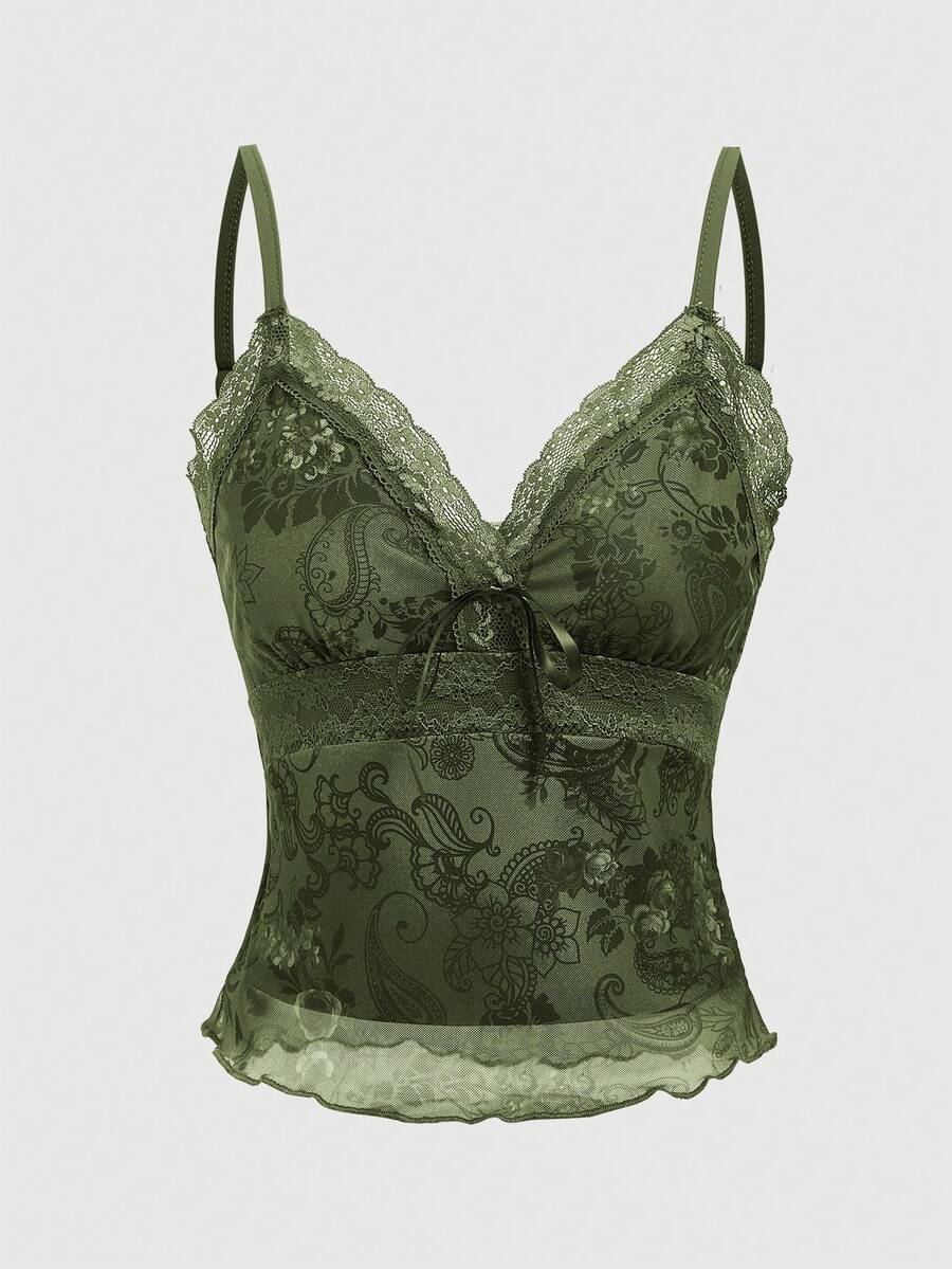 A women's sleeveless crop camisole featuring a vintage paisley print design with delicate lace trim along the neckline and thin spaghetti straps.