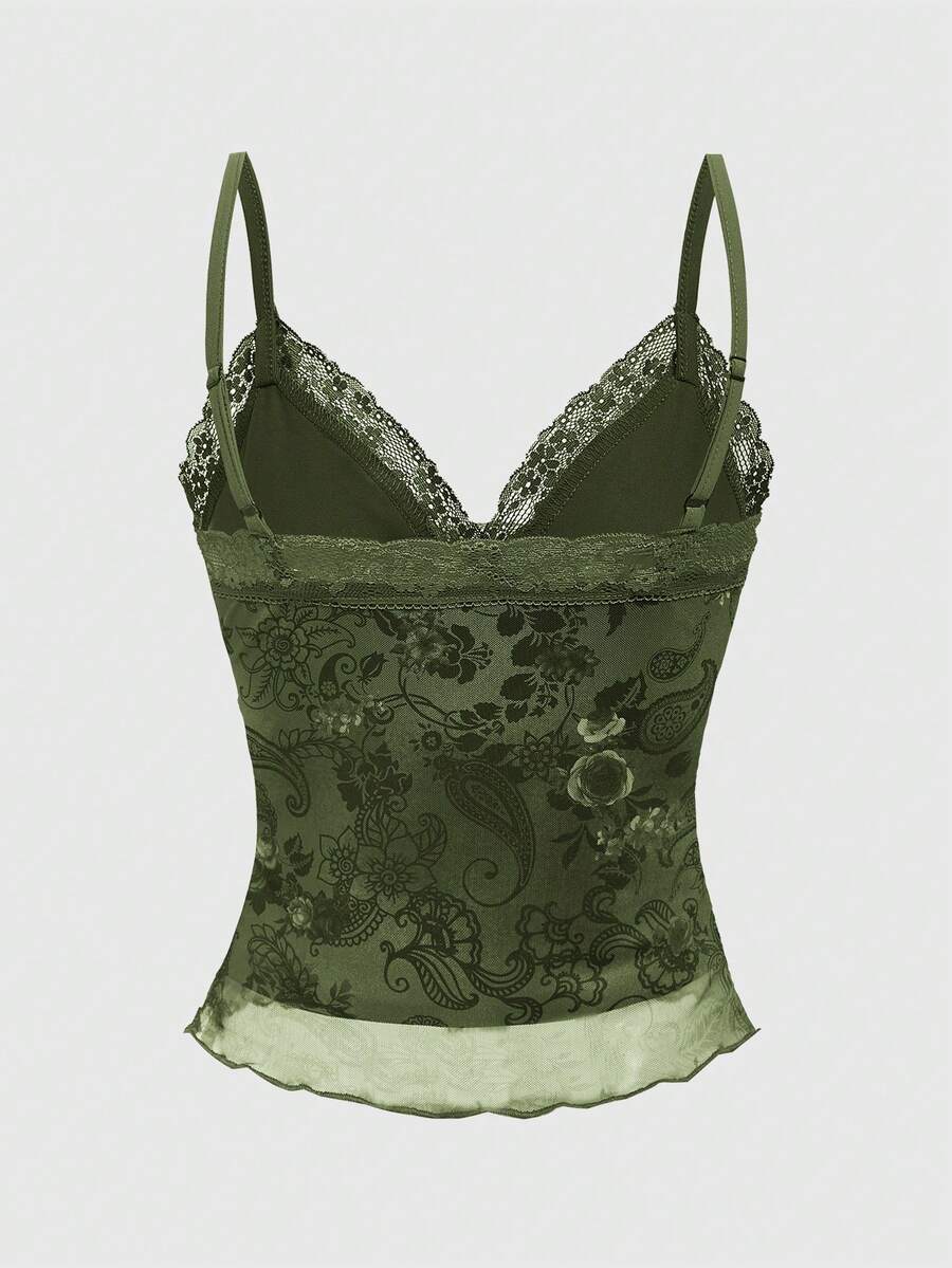 A women's sleeveless crop camisole featuring a vintage paisley print design with delicate lace trim along the neckline and thin spaghetti straps.