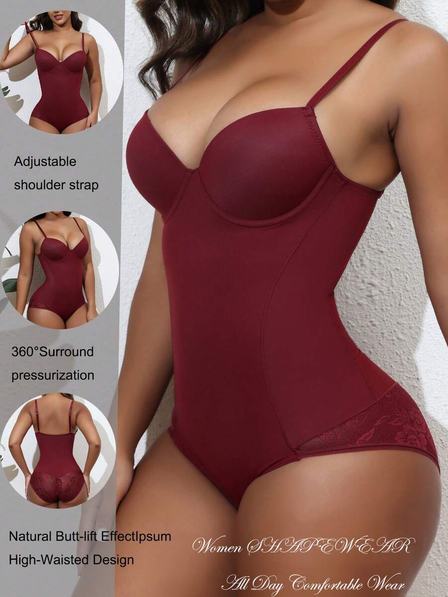 Apricot backless shapewear teddy bodysuit featuring contrast lace trim, non-removable padding, and underwire support.