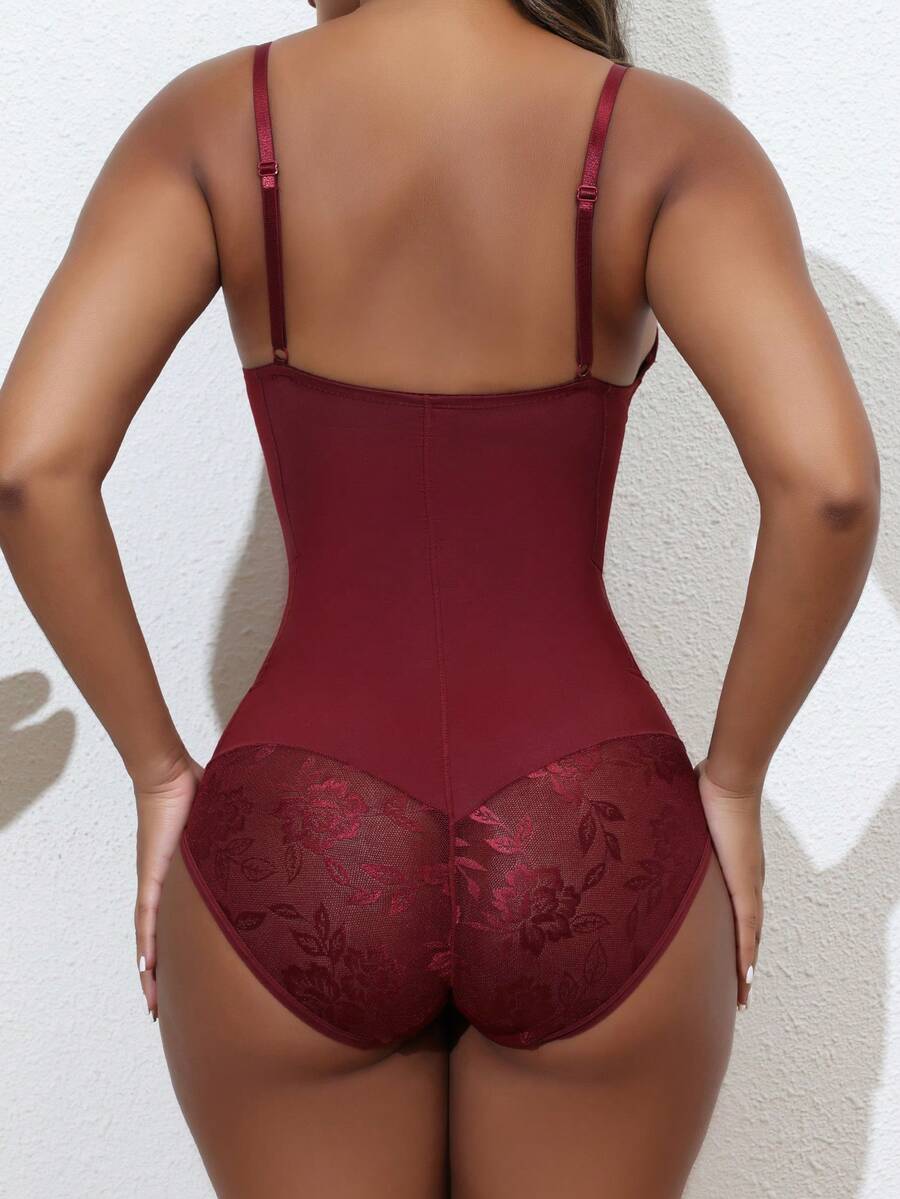 Apricot backless shapewear teddy bodysuit featuring contrast lace trim, non-removable padding, and underwire support.