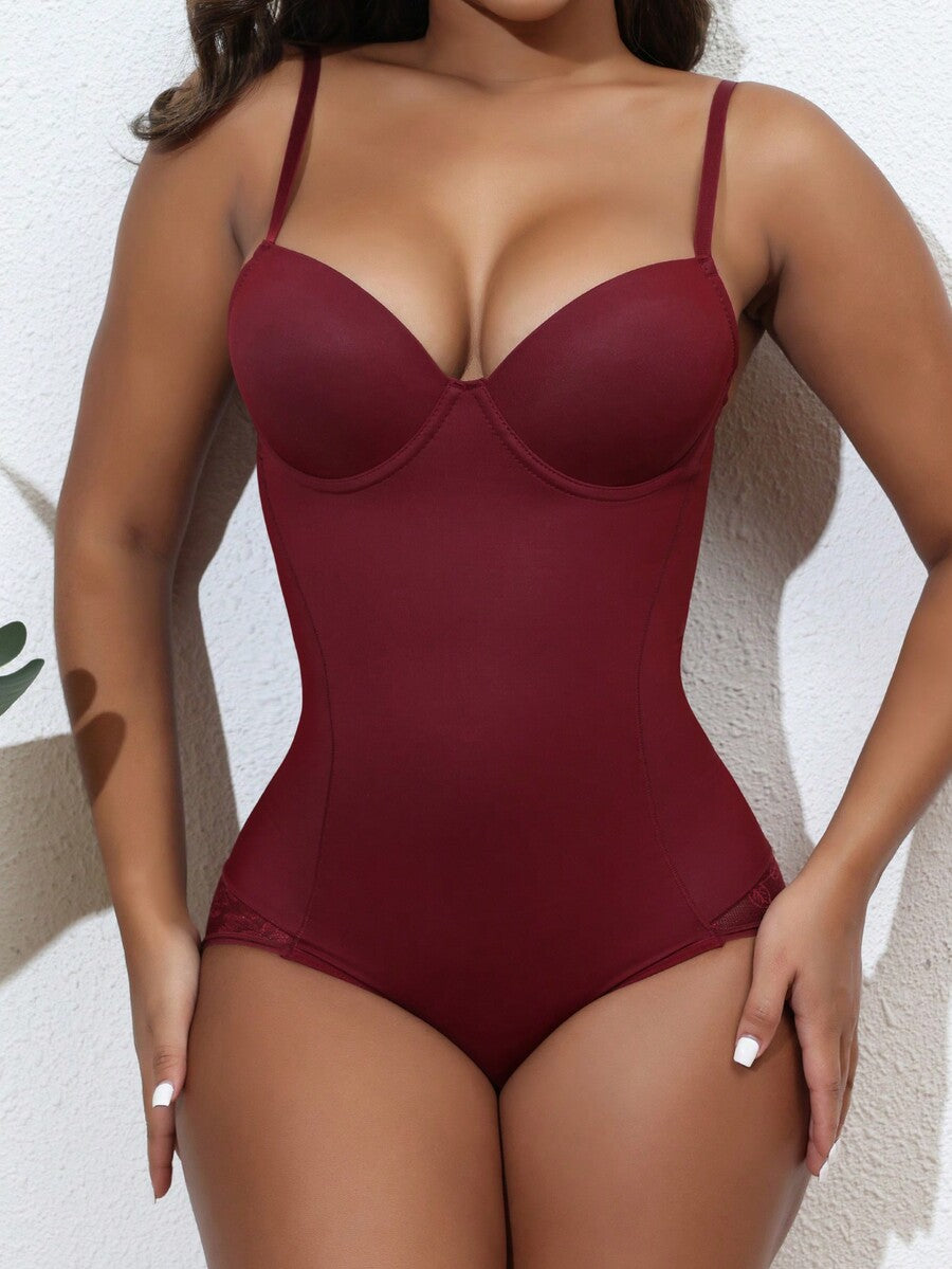 Apricot backless shapewear teddy bodysuit featuring contrast lace trim, non-removable padding, and underwire support.