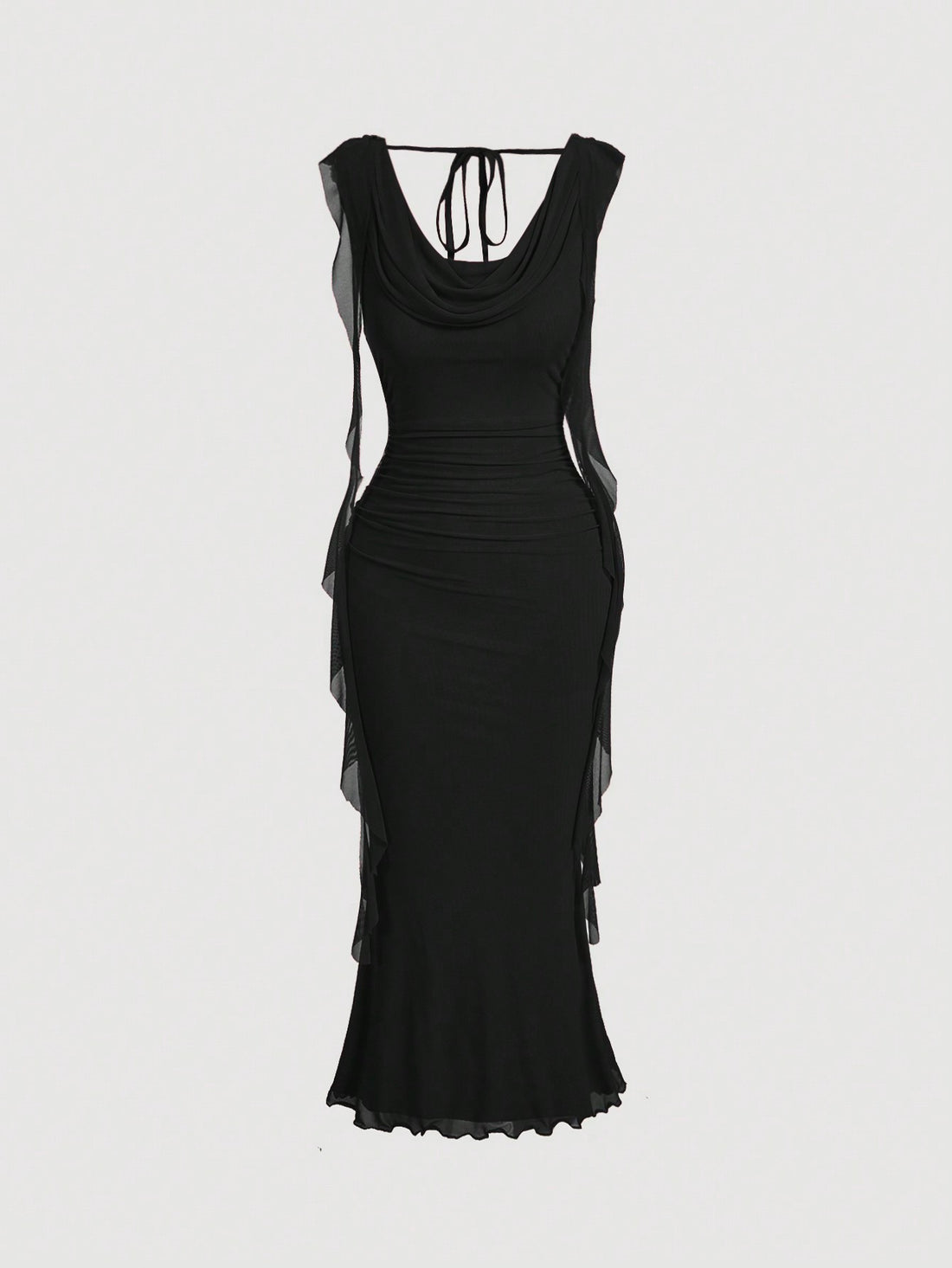 Sleeveless black cowl neck midi bodycon dress for women featuring a draped silhouette, split thigh detail, and slim fit knitted fabric.