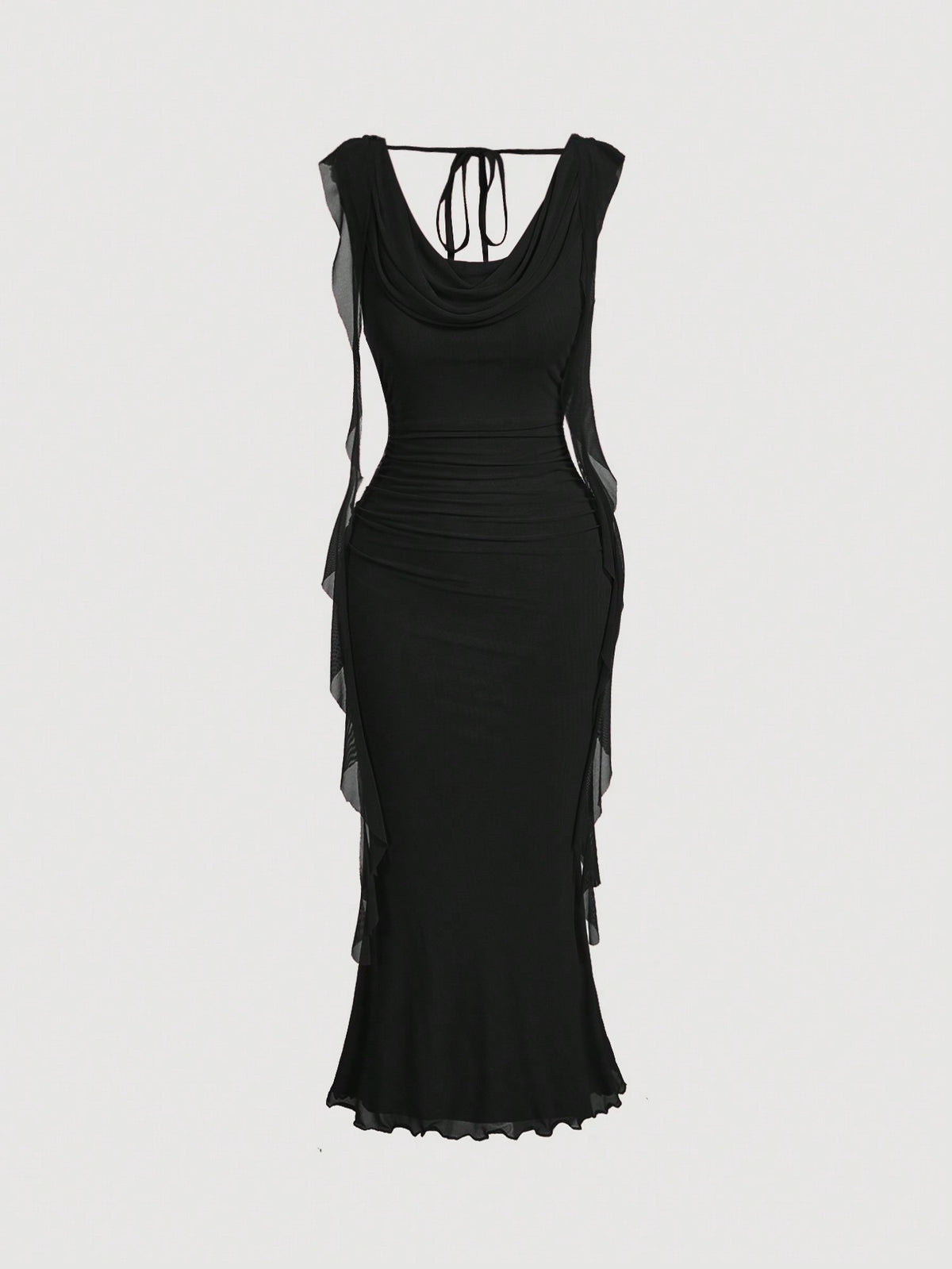Sleeveless black cowl neck midi bodycon dress for women featuring a draped silhouette, split thigh detail, and slim fit knitted fabric.