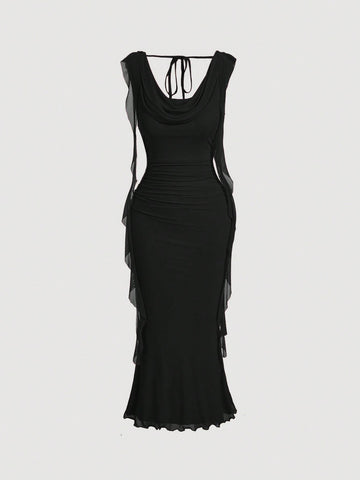 Sleeveless black cowl neck midi bodycon dress for women featuring a draped silhouette, split thigh detail, and slim fit knitted fabric.