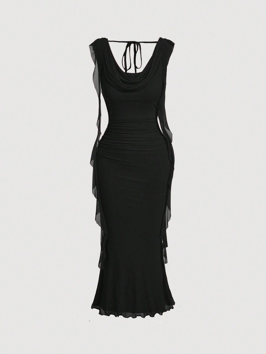 Sleeveless black cowl neck midi bodycon dress for women featuring a draped silhouette, split thigh detail, and slim fit knitted fabric.