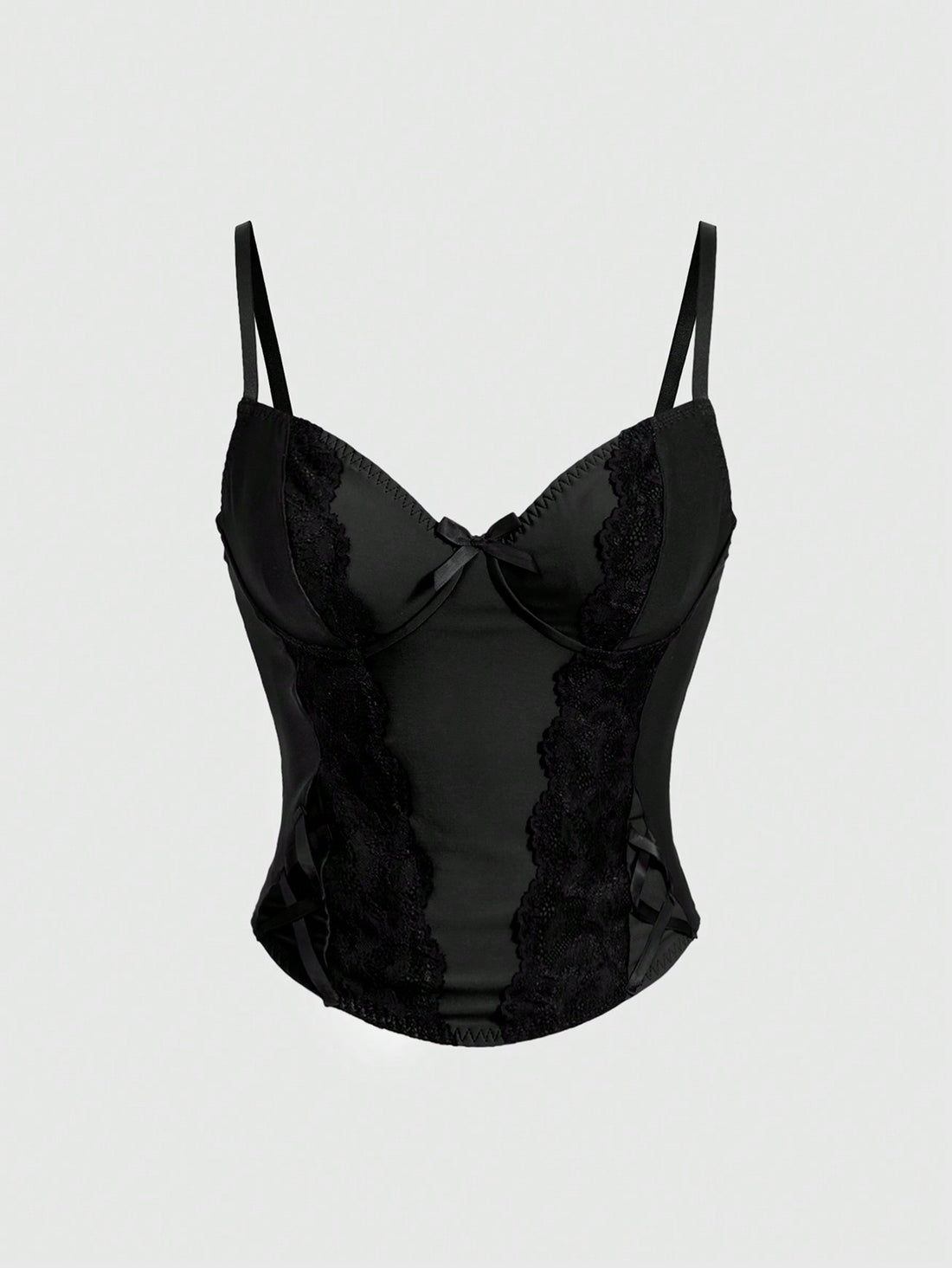 ROMWE women's black Goth Y2K contrast lace spaghetti strap cami crop top featuring bow details and waist tie decor.