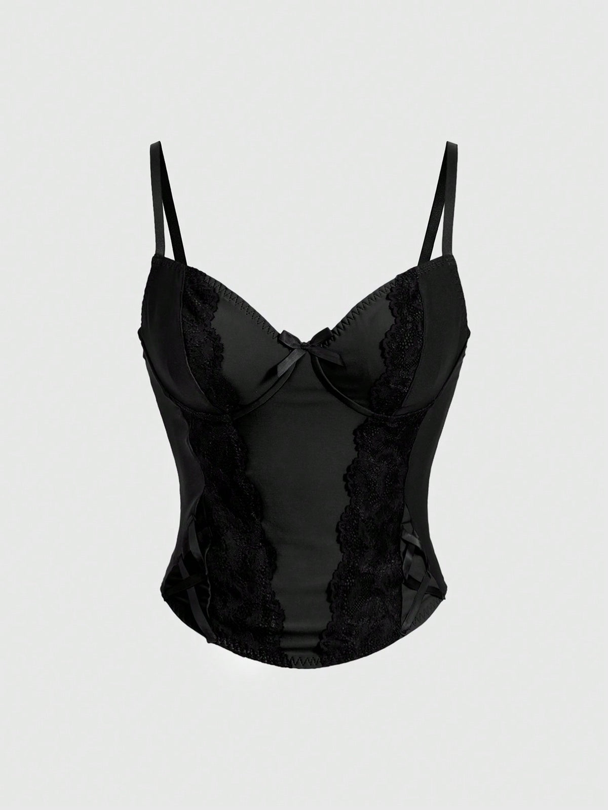 ROMWE women's black Goth Y2K contrast lace spaghetti strap cami crop top featuring bow details and waist tie decor.