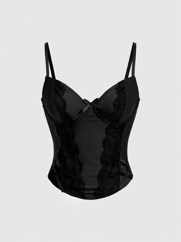 ROMWE women's black Goth Y2K contrast lace spaghetti strap cami crop top featuring bow details and waist tie decor.