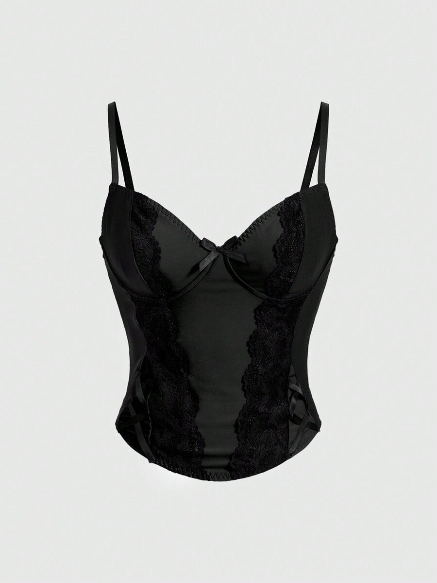 ROMWE women's black Goth Y2K contrast lace spaghetti strap cami crop top featuring bow details and waist tie decor.