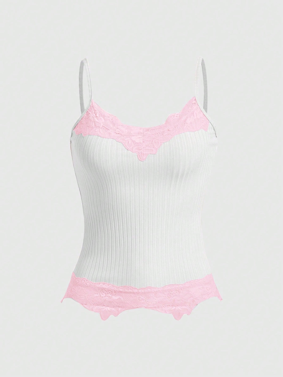 Women's black rib-knit cami top featuring delicate contrast lace trim and thin spaghetti straps.