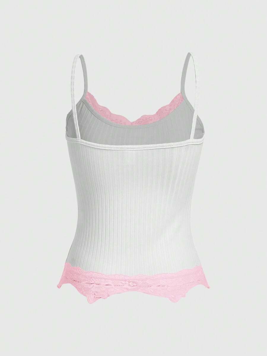 Women's black rib-knit cami top featuring delicate contrast lace trim and thin spaghetti straps.