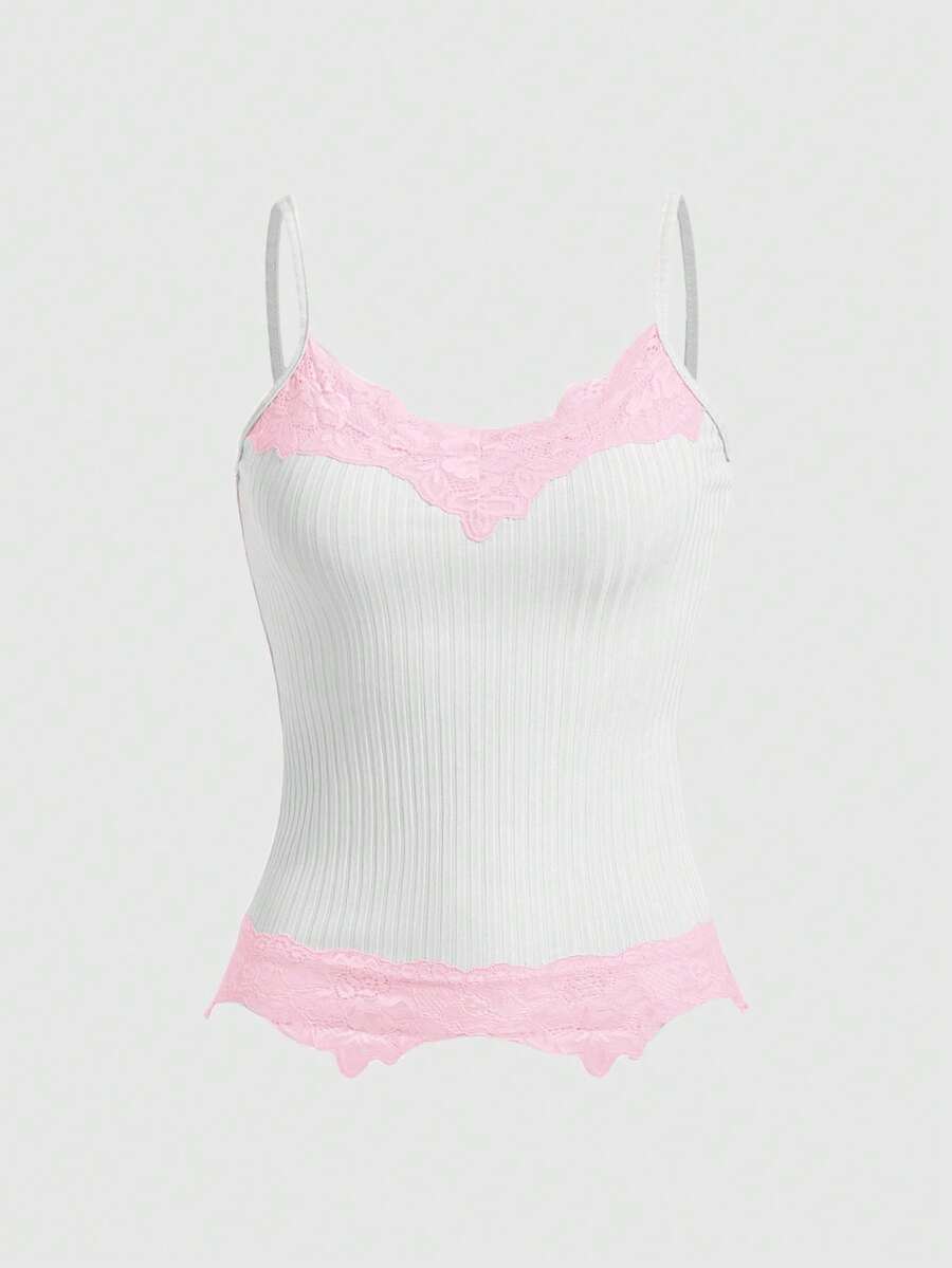 Women's black rib-knit cami top featuring delicate contrast lace trim and thin spaghetti straps.
