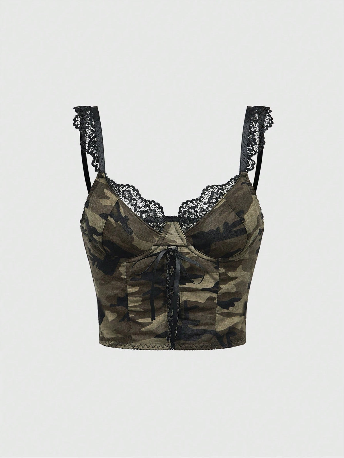 Women's army green camo print camisole top featuring delicate contrast lace trim, thin shoulder straps, and a slim fit knitted design.