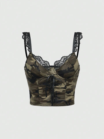 Women's army green camo print camisole top featuring delicate contrast lace trim, thin shoulder straps, and a slim fit knitted design.