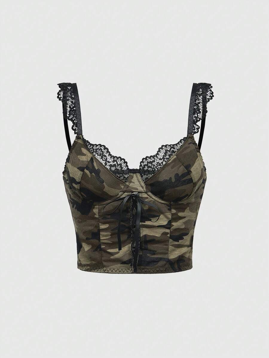 Women's army green camo print camisole top featuring delicate contrast lace trim, thin shoulder straps, and a slim fit knitted design.