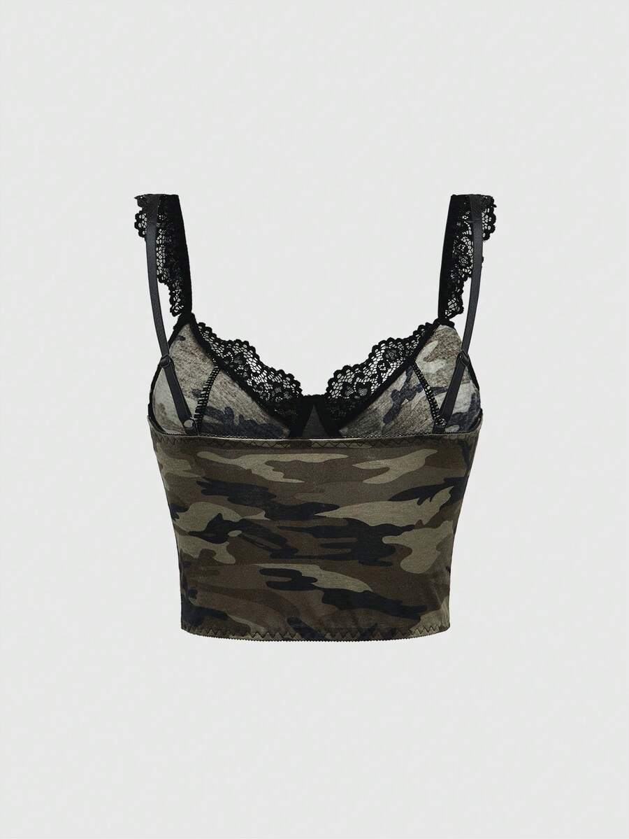 Women's army green camo print camisole top featuring delicate contrast lace trim, thin shoulder straps, and a slim fit knitted design.